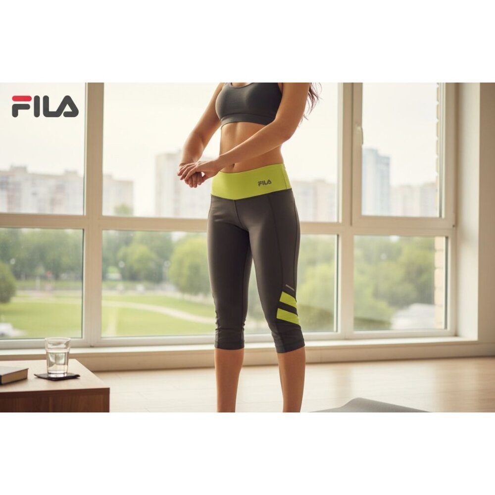 Fila Lime Green & Charcoal Running Capri Leggings Xs Sport Fitness